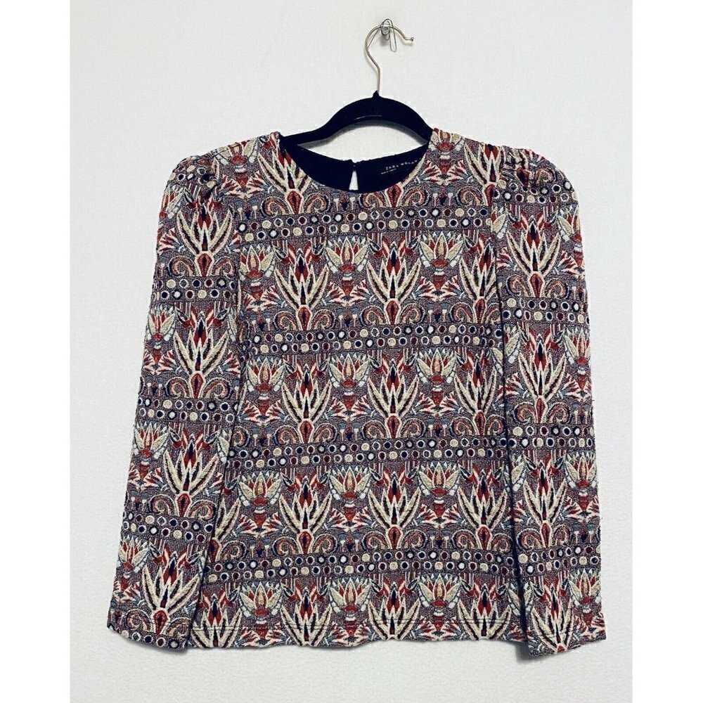 Zara Top Womens Small Shimmer Brocade Long Sleeves Puff Shoulder Boho